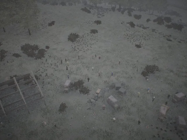 Near-nadir frame plugin_000000 of the Unreal Engine farmyard capture, with 56 labelled instances outlined by NameFrame