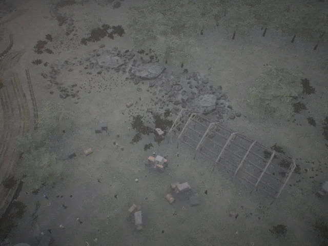 Near-nadir frame plugin_000046 of the Unreal Engine farmyard capture, with 68 labelled instances outlined by NameFrame
