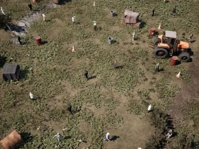 Near-nadir with the tractor: every object seen from directly above, none of them in silhouette