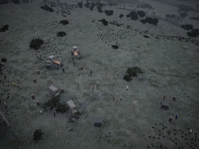Near-nadir frame plugin_000069 of the Unreal Engine farmyard capture, with 40 labelled instances outlined by NameFrame