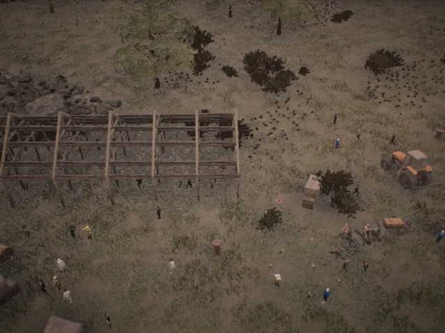 Near-nadir frame plugin_000092 of the Unreal Engine farmyard capture, with 42 labelled instances outlined by NameFrame
