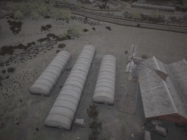 Near-nadir frame plugin_000115 of the Unreal Engine farmyard capture, with 28 labelled instances outlined by NameFrame