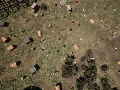 The scatter at its densest, props and animals spread across standing vegetation