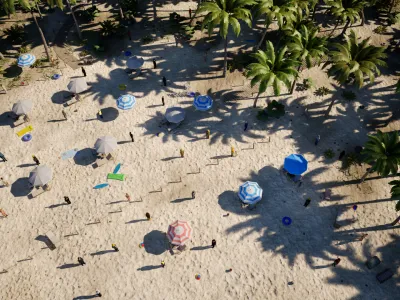 Palms throwing long shadows across the loungers, so half the objects sit in shade and half in full sun