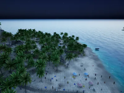 The same shore at dusk, with the sea taking the top half of the frame and the parasols reduced to dots on the sand