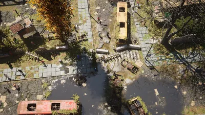 Aerial frame plugin_000006 of the Unreal Engine dead city capture, with 57 labelled instances outlined by NameFrame