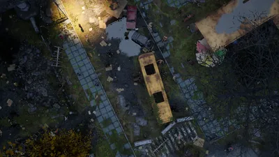 Aerial frame plugin_000022 of the Unreal Engine dead city capture, with 61 labelled instances outlined by NameFrame