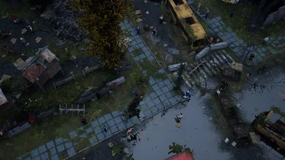 Aerial frame plugin_000023 of the Unreal Engine dead city capture, with 62 labelled instances outlined by NameFrame