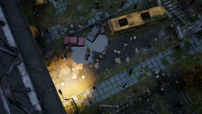 Aerial frame plugin_000096 of the Unreal Engine dead city capture, with 50 labelled instances outlined by NameFrame