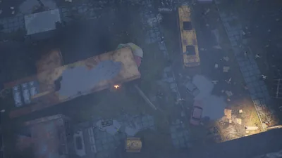 Aerial frame plugin_000161 of the Unreal Engine dead city capture, with 56 labelled instances outlined by NameFrame