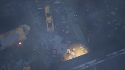 Aerial frame plugin_000166 of the Unreal Engine dead city capture, with 68 labelled instances outlined by NameFrame