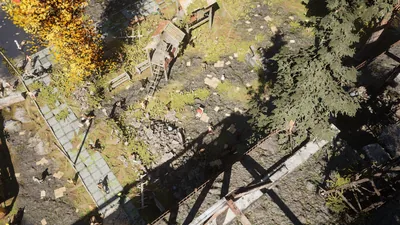 Aerial frame plugin_000181 of the Unreal Engine dead city capture, with 59 labelled instances outlined by NameFrame