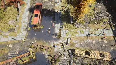 Aerial frame plugin_000226 of the Unreal Engine dead city capture, with 51 labelled instances outlined by NameFrame