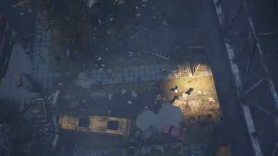 Aerial frame plugin_000229 of the Unreal Engine dead city capture, with 79 labelled instances outlined by NameFrame