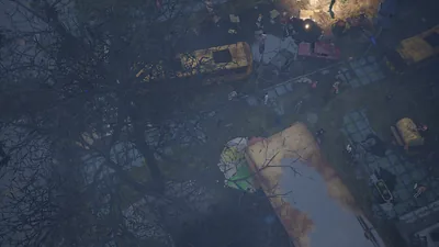 Aerial frame plugin_000243 of the Unreal Engine dead city capture, with 52 labelled instances outlined by NameFrame