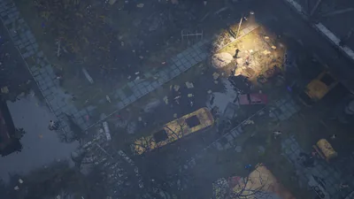 Aerial frame plugin_000254 of the Unreal Engine dead city capture, with 74 labelled instances outlined by NameFrame