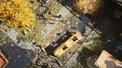 Aerial frame plugin_000266 of the Unreal Engine dead city capture, with 61 labelled instances outlined by NameFrame