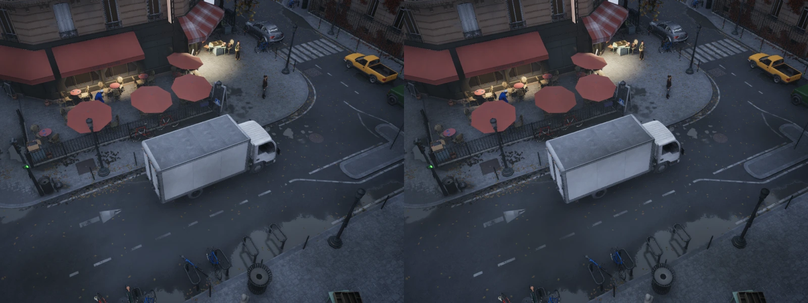 The same Parisian street corner rendered twice, side by side, each showing a white box truck on a wet road, a cafe terrace with red umbrellas, a yellow taxi and people on the pavement