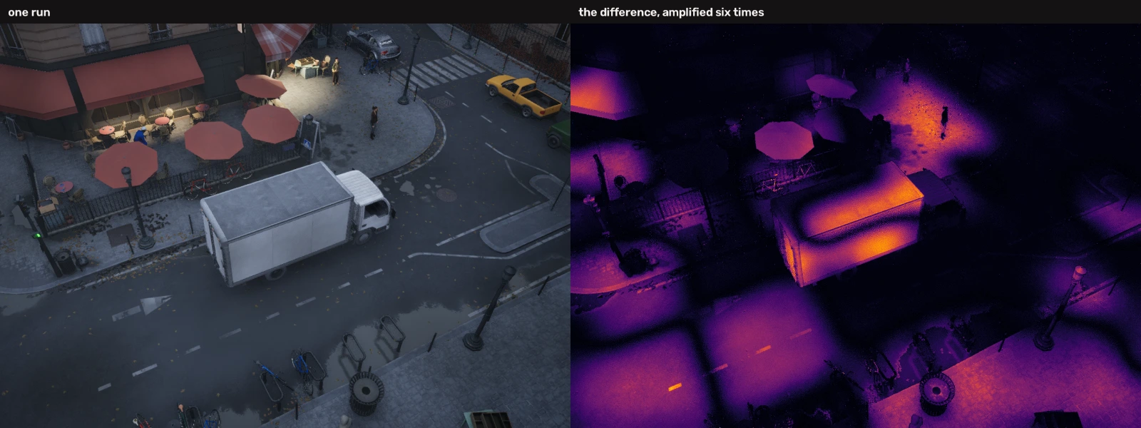 A street corner with a truck and a cafe terrace, next to a heat map of the difference between two renders of it, bright where light falls and black in shadow