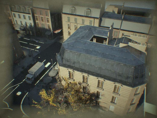 Aerial frame plugin_000000 of the Unreal Engine parisian street capture, with 127 labelled instances outlined by NameFrame