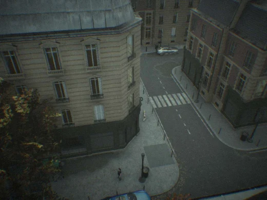 Aerial frame plugin_000027 of the Unreal Engine parisian street capture, with 127 labelled instances outlined by NameFrame