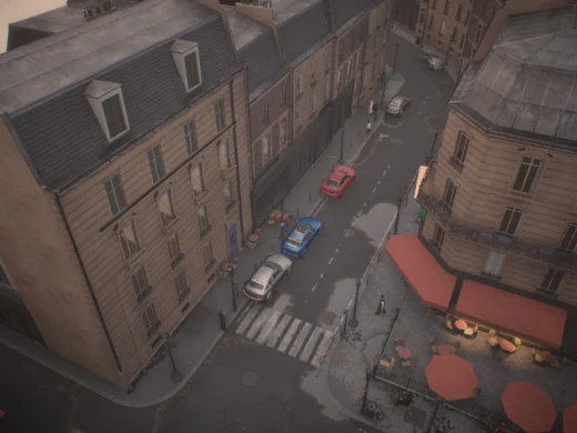 Aerial frame plugin_000054 of the Unreal Engine parisian street capture, with 127 labelled instances outlined by NameFrame