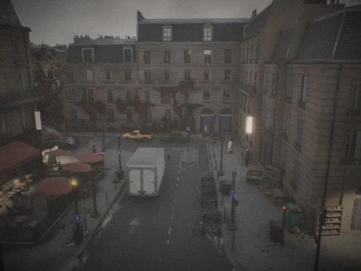 Aerial frame plugin_000082 of the Unreal Engine parisian street capture, with 127 labelled instances outlined by NameFrame