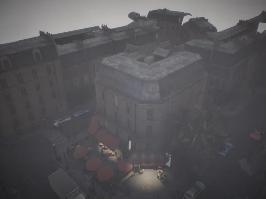 Aerial frame plugin_000109 of the Unreal Engine parisian street capture, with 127 labelled instances outlined by NameFrame