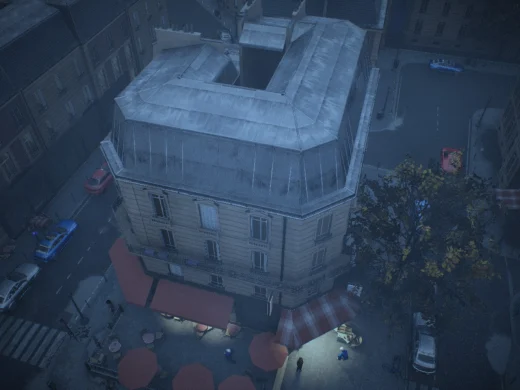 Aerial frame plugin_000136 of the Unreal Engine parisian street capture, with 127 labelled instances outlined by NameFrame
