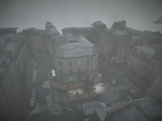Aerial frame plugin_000163 of the Unreal Engine parisian street capture, with 127 labelled instances outlined by NameFrame
