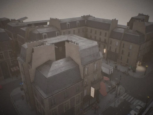 Aerial frame plugin_000190 of the Unreal Engine parisian street capture, with 127 labelled instances outlined by NameFrame