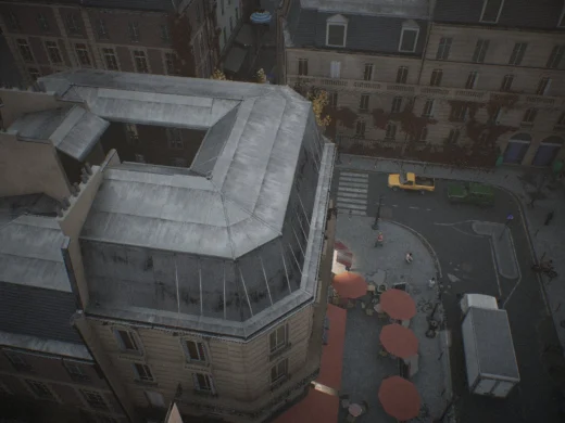 Aerial frame plugin_000217 of the Unreal Engine parisian street capture, with 127 labelled instances outlined by NameFrame