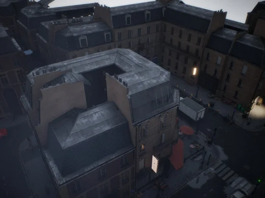 Aerial frame plugin_000245 of the Unreal Engine parisian street capture, with 127 labelled instances outlined by NameFrame