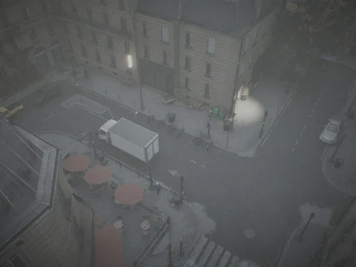 Aerial frame plugin_000272 of the Unreal Engine parisian street capture, with 127 labelled instances outlined by NameFrame