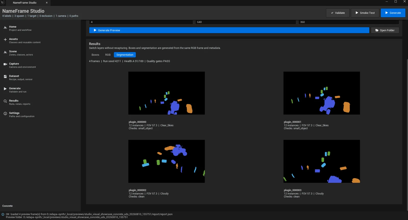 The Preview Lab showing the segmentation layer of four preview frames