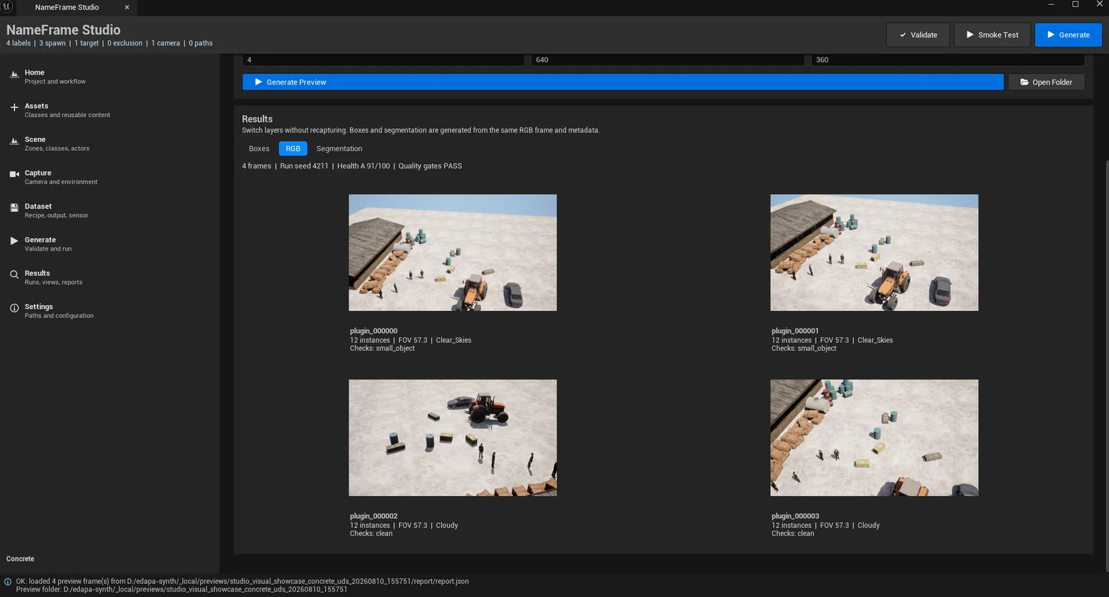 The Preview Lab showing the rgb layer of four preview frames