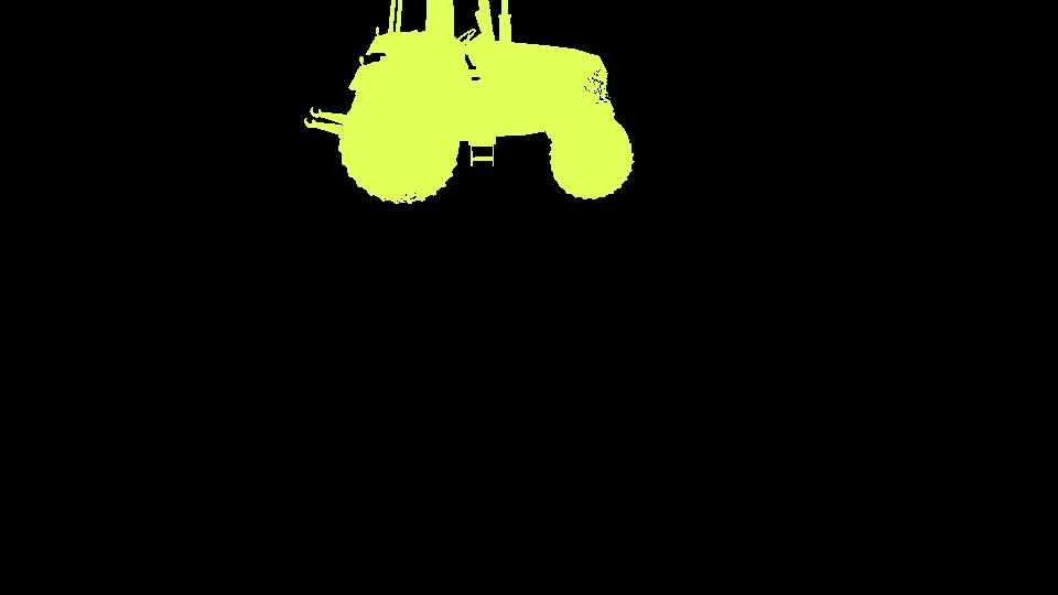The instance segmentation preview of the same frame: the tractor's silhouette in a single instance colour on black, and nothing else labelled