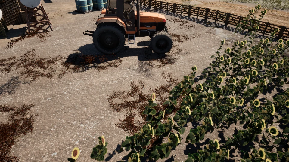 A closer rendered frame of the swapper's tractor variant crossing a farm yard