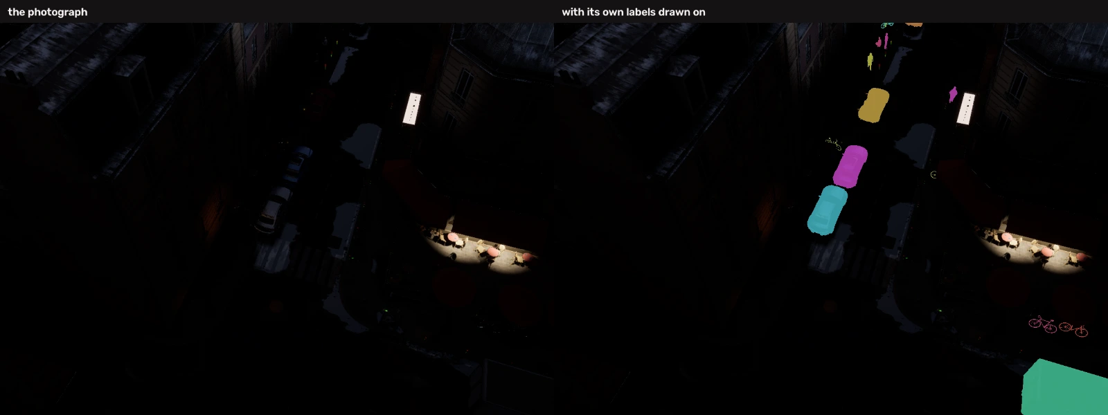 A very dark street scene shown twice, the second with faint coloured masks drawn over shapes that are barely discernible