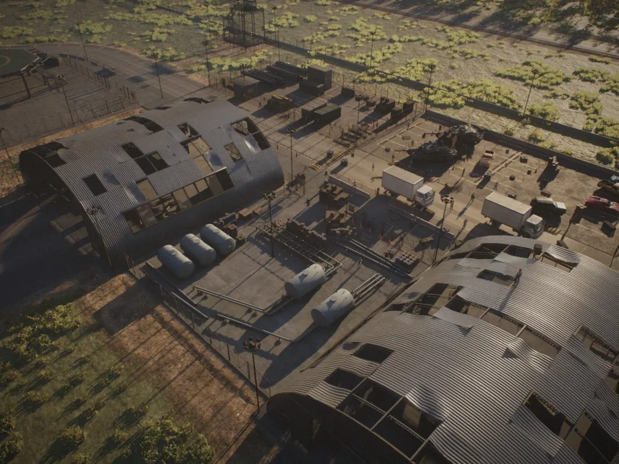 Map_Airbase_Demo: the hangar apron: hard shadows, vehicles and scattered ground clutter