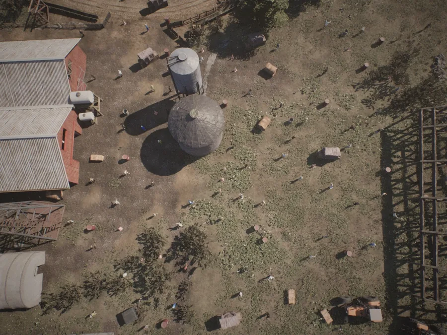 Map_BarnEnvironment: farm buildings and a silo, with props spread across open dirt
