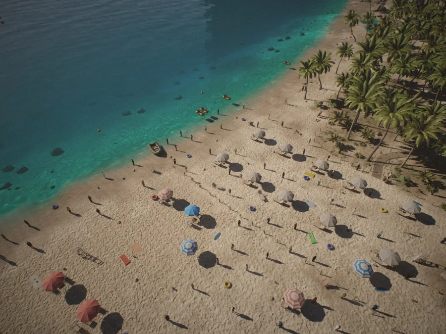 Frame dump__plugin_000038.png of the Unreal Engine beach capture: parasols and towels on wet sand, the densest small-object frame in the set