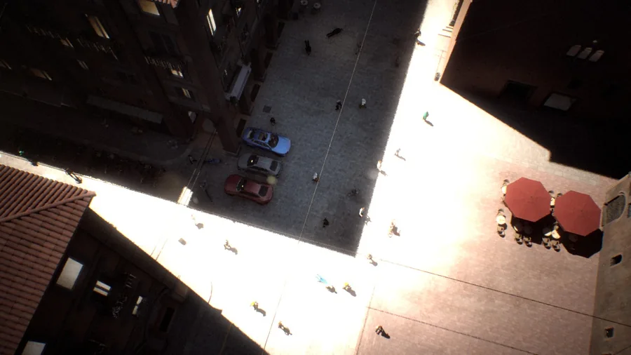 Frame bologna300_v2__plugin_000061.png of the Unreal Engine bologna porticoes capture: hard sun across the porticoes with traffic in the shadow beneath them, which is the thing that made this capture difficult and the reason it is worth publishing