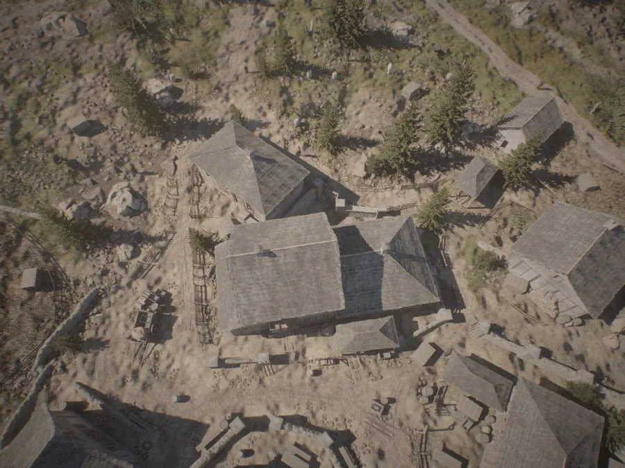 Frame dump__plugin_000092.png of the Unreal Engine mountain village capture: roofs and pines on a slope; the densest frame here was its darkest