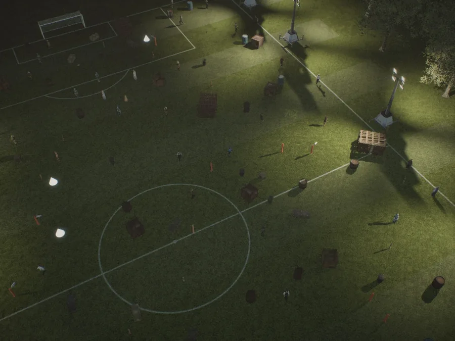 Frame dump__plugin_000149.png of the Unreal Engine football pitch at night capture: the pitch under floodlights at 02:53, the only night capture